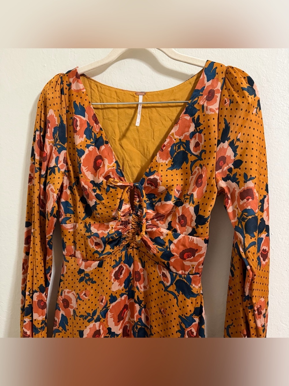 Free People Morning Light Mini Dress | Floral Polka Dot Satin size 0 flowy boho - Picture 5 of 10